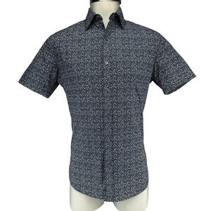 MICHAEL KORS Slim Fit Stretch Cotton Short Sleeve Navy Blue Leaf Print Shirt S